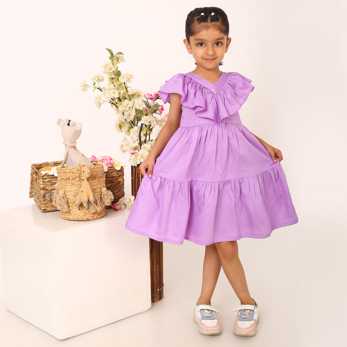 100% Cotton Purple Tier Frill Neck Dress