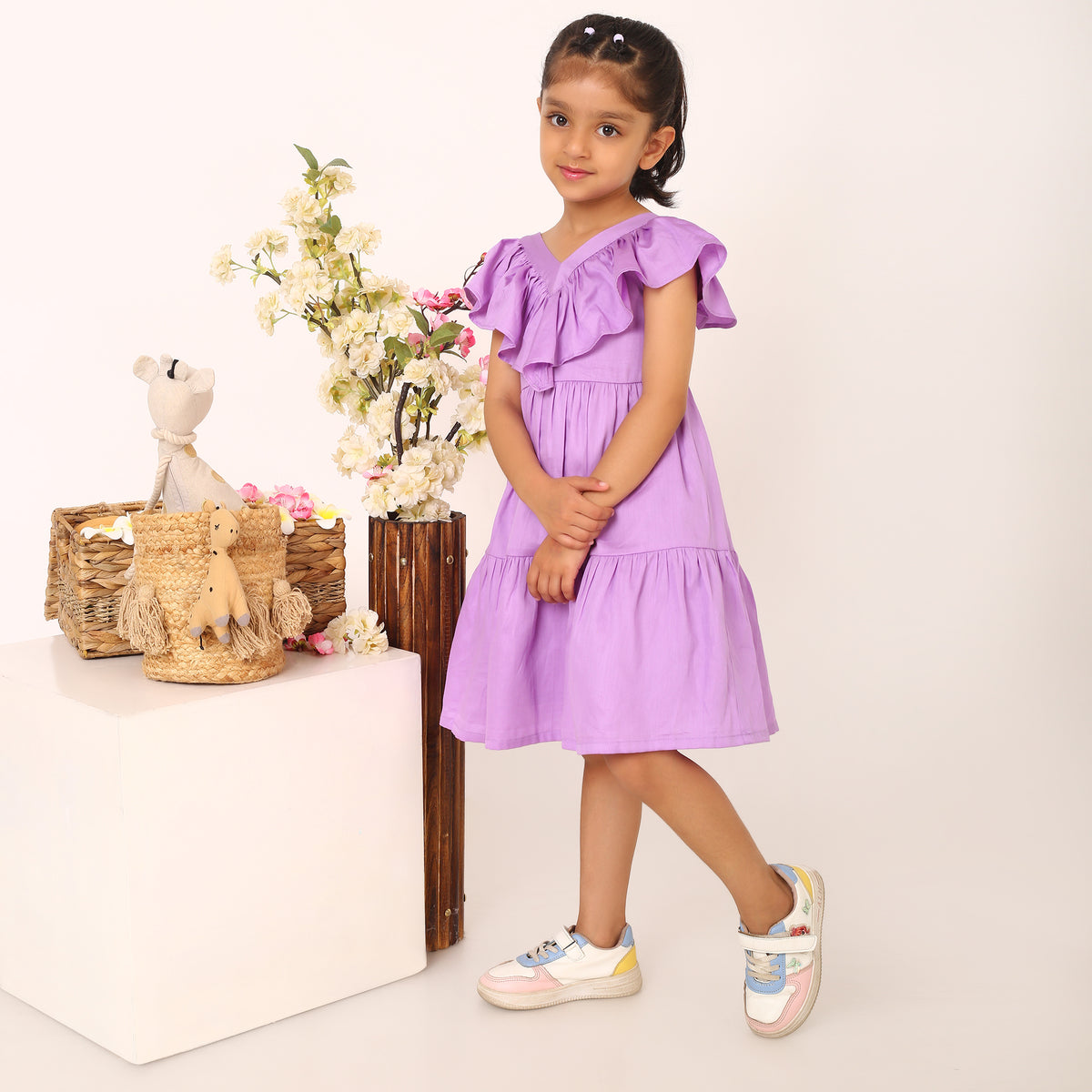 100% Cotton Purple Tier Frill Neck Dress