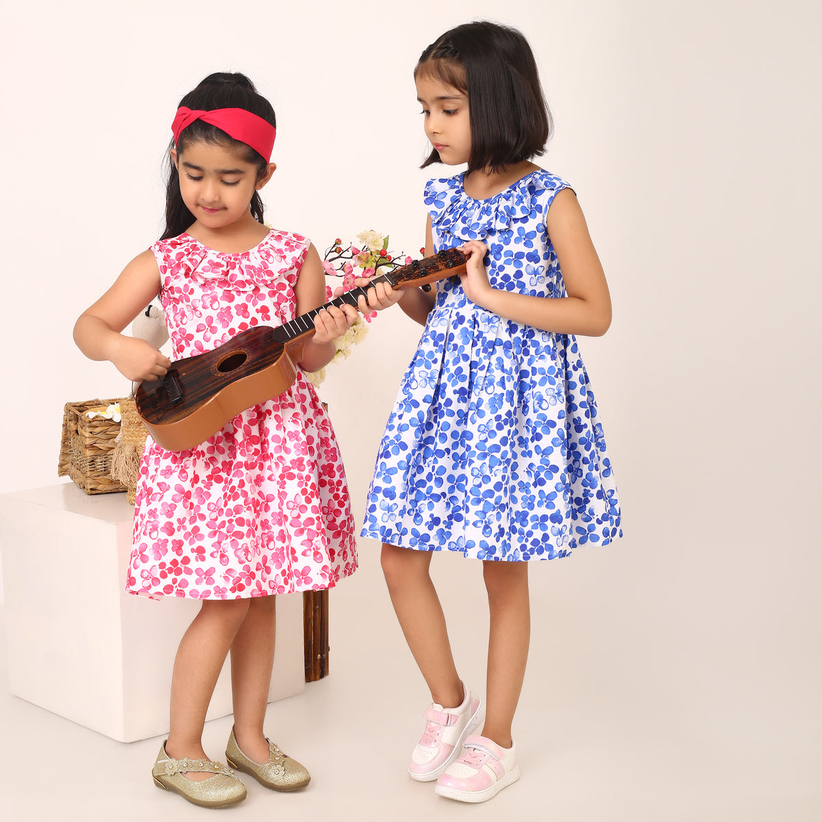 100% Cotton Floral Print Red Sleeveless Dress with Bow