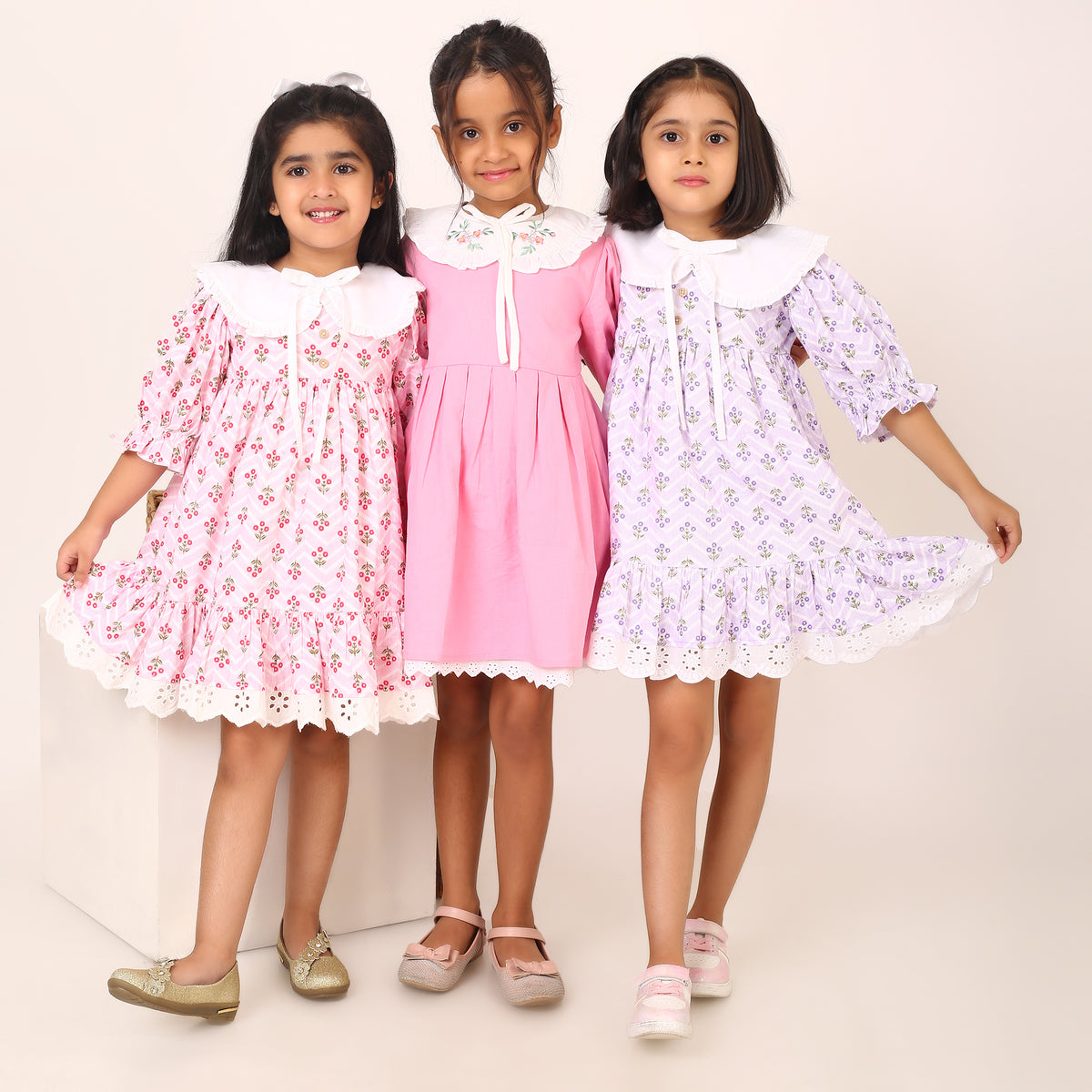 Pink Cotton Linen Dress with Embroidery on Peter Pan Collars