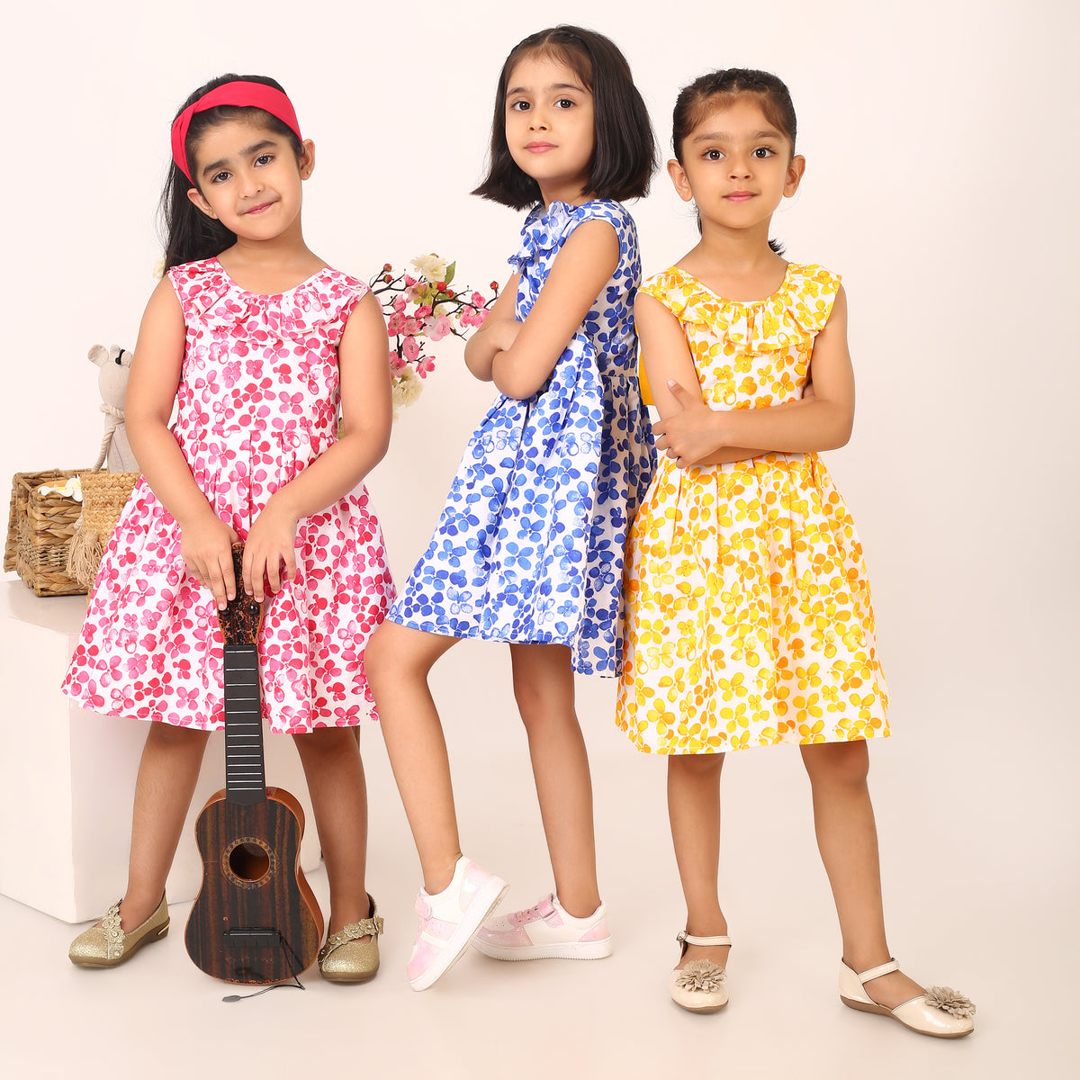 100% Cotton Floral Print Yellow Sleeveless Dress with Bow