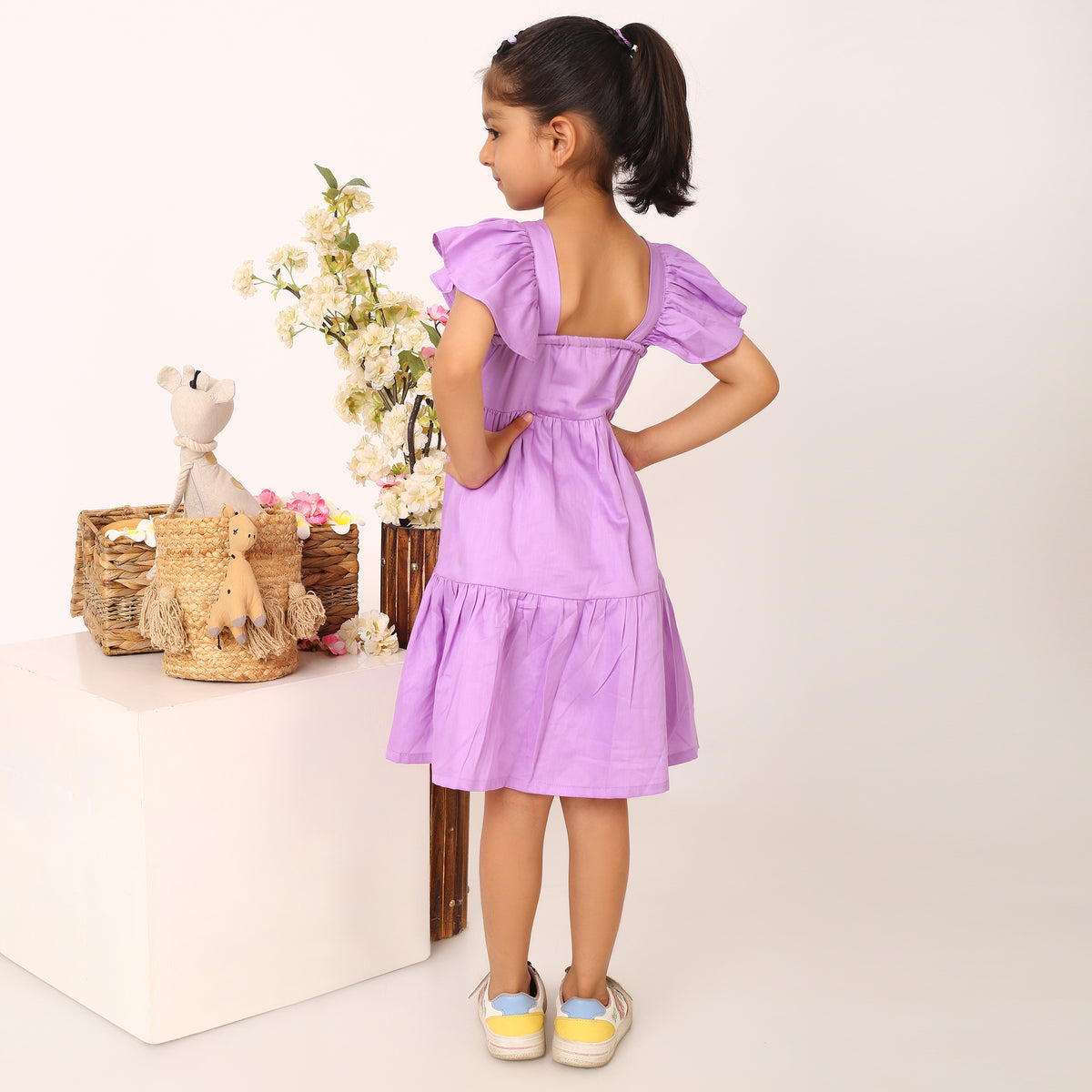 100% Cotton Purple Tier Frill Neck Dress
