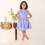 100% Cotton Floral Print Blue Sleeveless Dress with Bow