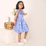 100% Cotton Floral Print Blue Sleeveless Dress with Bow