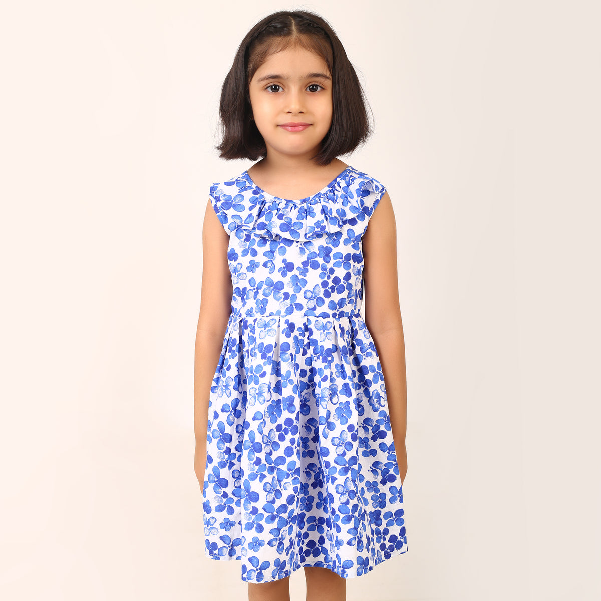 100% Cotton Floral Print Blue Sleeveless Dress with Bow