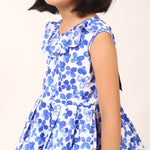 100% Cotton Floral Print Blue Sleeveless Dress with Bow