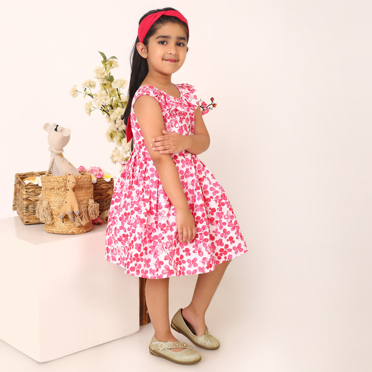100% Cotton Floral Print Red Sleeveless Dress with Bow
