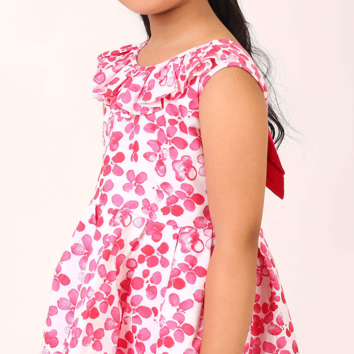 100% Cotton Floral Print Red Sleeveless Dress with Bow