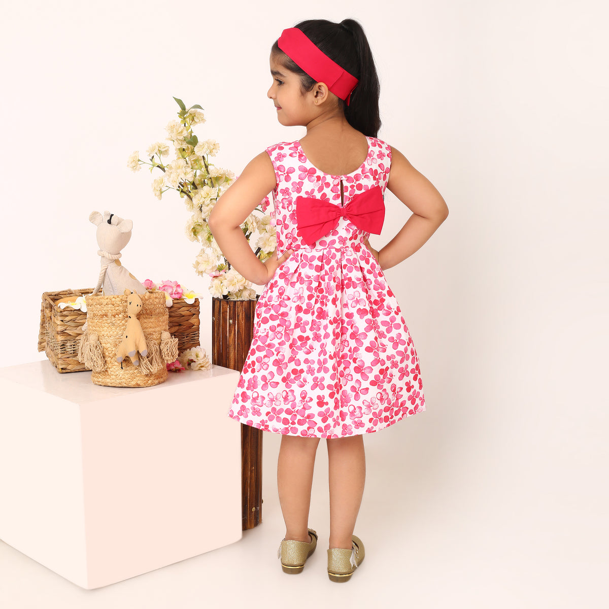 100% Cotton Floral Print Red Sleeveless Dress with Bow
