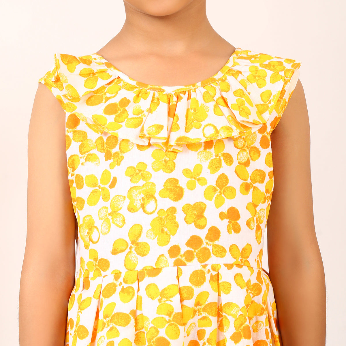100% Cotton Floral Print Yellow Sleeveless Dress with Bow