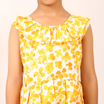 100% Cotton Floral Print Yellow Sleeveless Dress with Bow