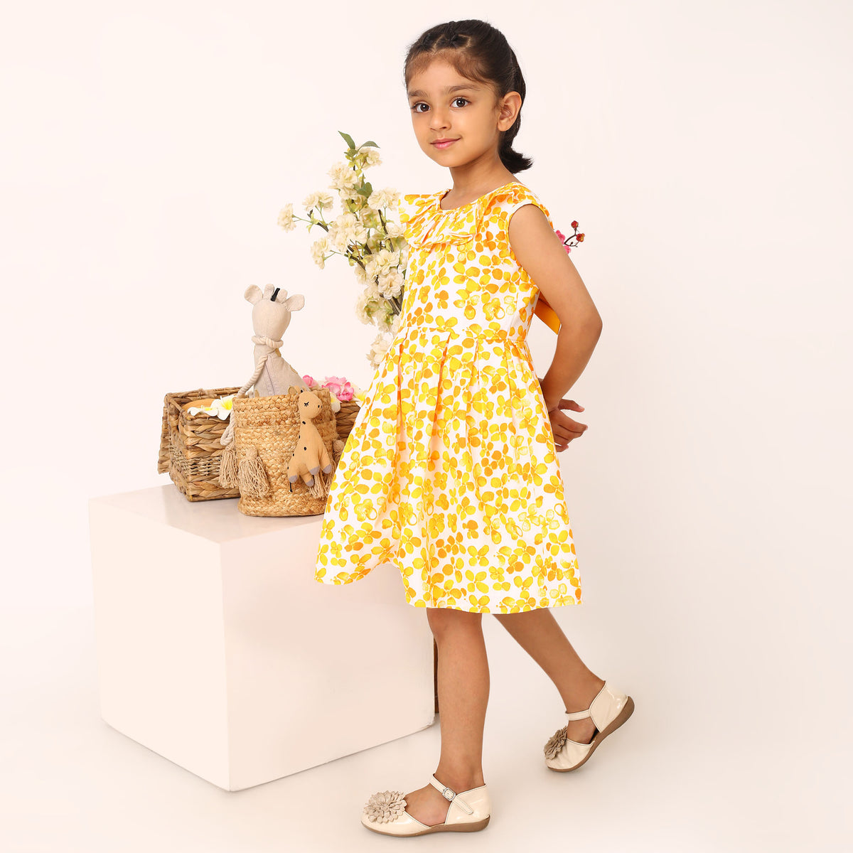 100% Cotton Floral Print Yellow Sleeveless Dress with Bow