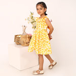 100% Cotton Floral Print Yellow Sleeveless Dress with Bow