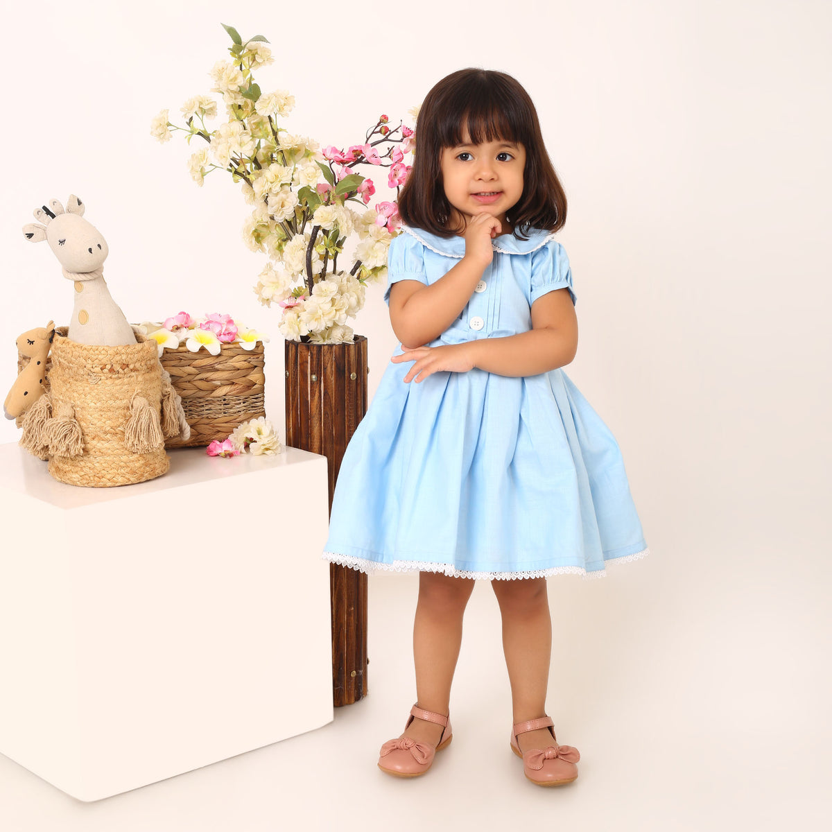 Cotton Linen Powder Blue Box Pleated Dress with Peter Pan Collar and Bow