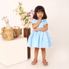 Cotton Linen Powder Blue Box Pleated Dress with Peter Pan Collar and Bow