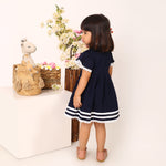 100% Cotton Navy Blue Sailor Dress with White Bow and Flutter Sleeves