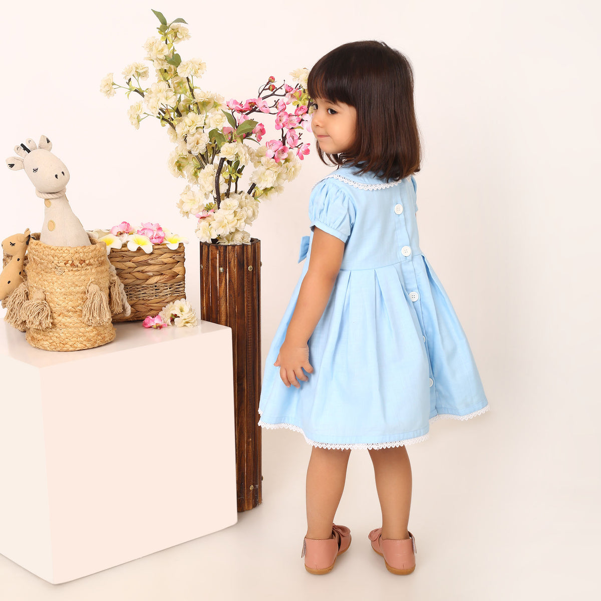 Cotton Linen Powder Blue Box Pleated Dress with Peter Pan Collar and Bow