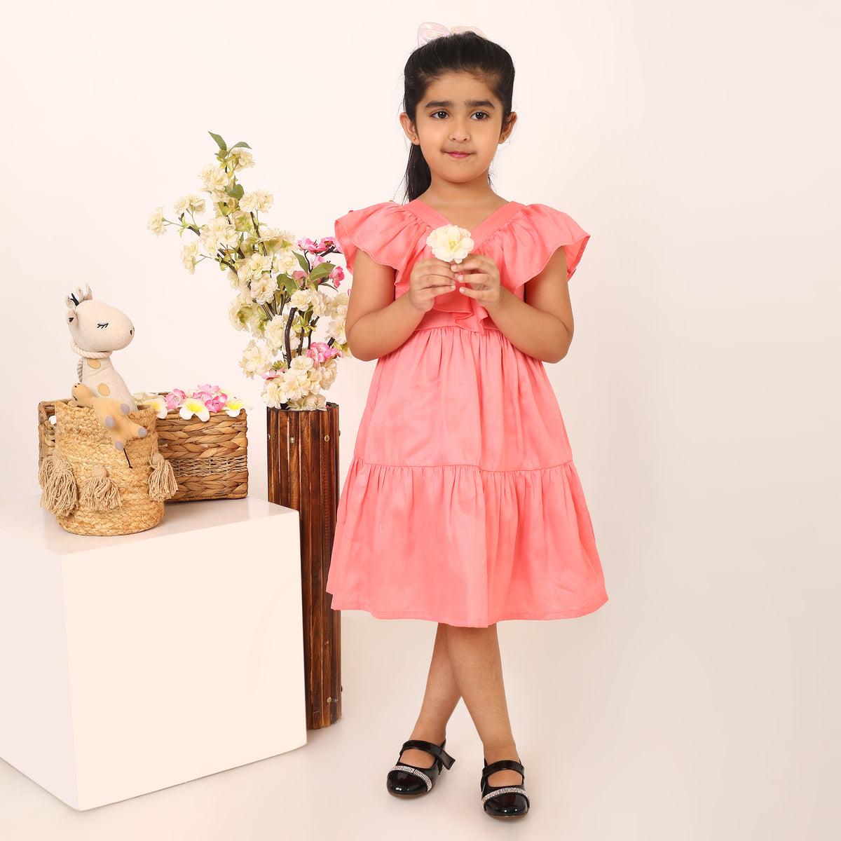 100% Cotton Pink Tier Frill Neck Dress