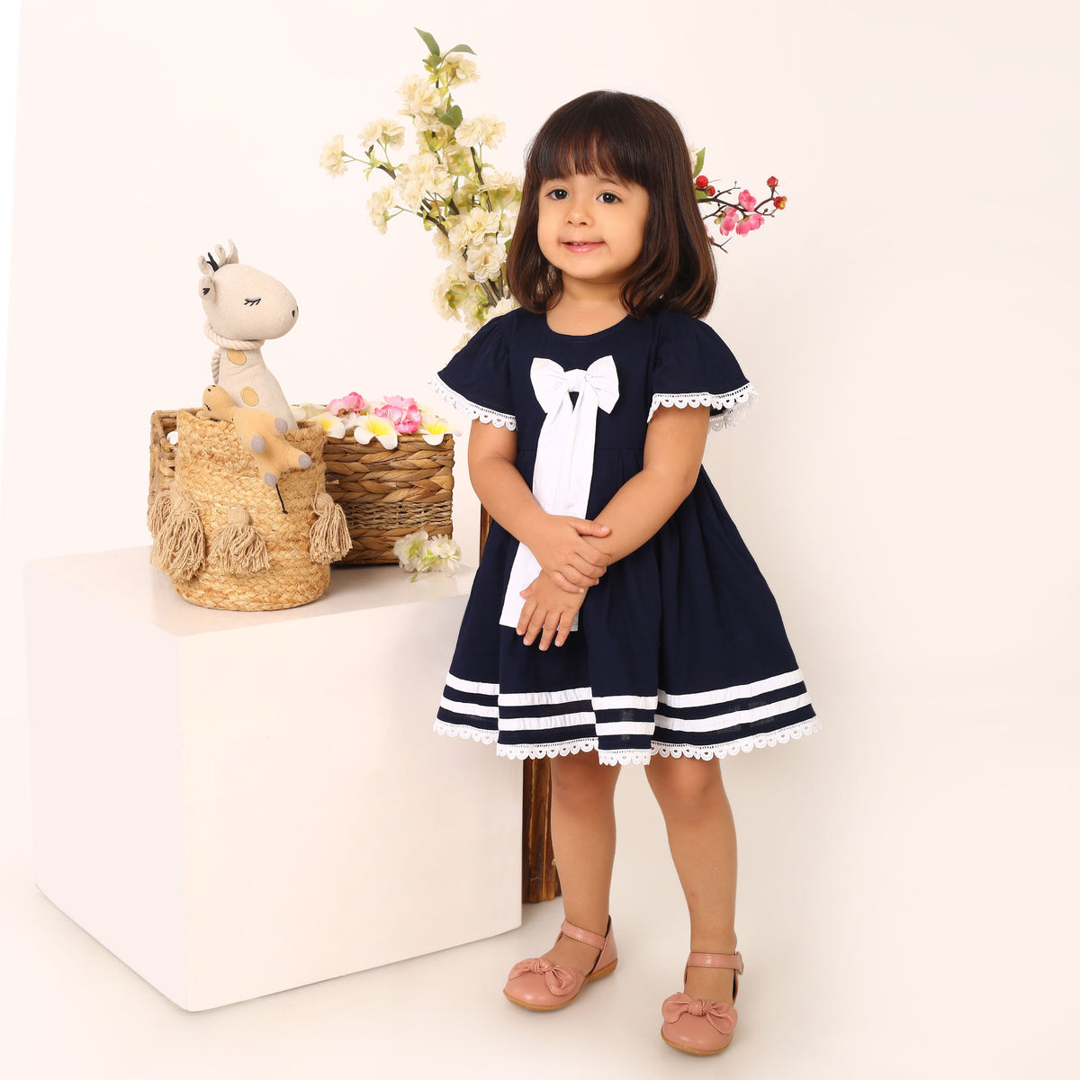 100% Cotton Navy Blue Sailor Dress with White Bow and Flutter Sleeves