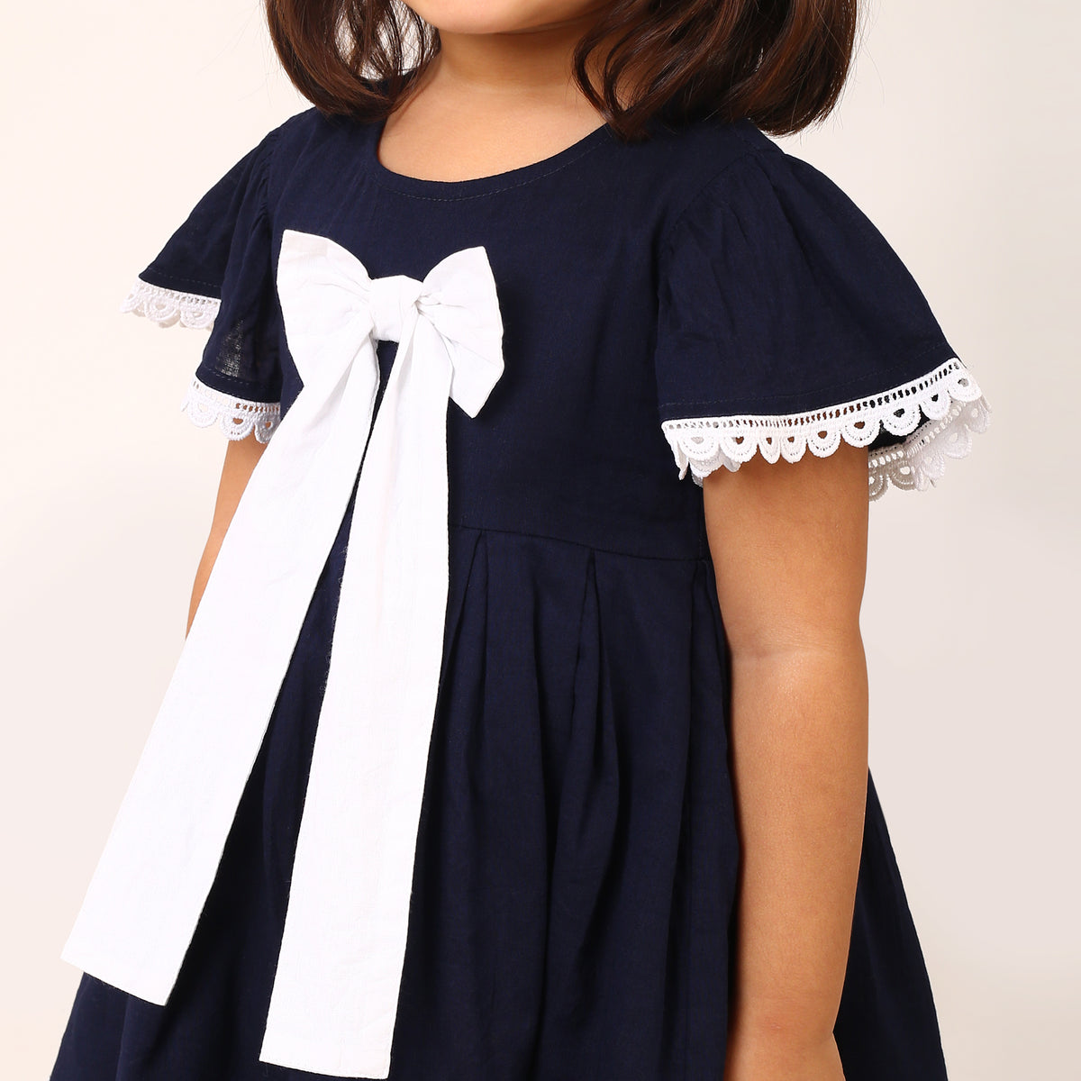 100% Cotton Navy Blue Sailor Dress with White Bow and Flutter Sleeves