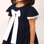 100% Cotton Navy Blue Sailor Dress with White Bow and Flutter Sleeves
