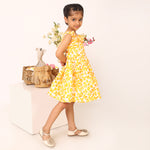 100% Cotton Floral Print Yellow Sleeveless Dress with Bow