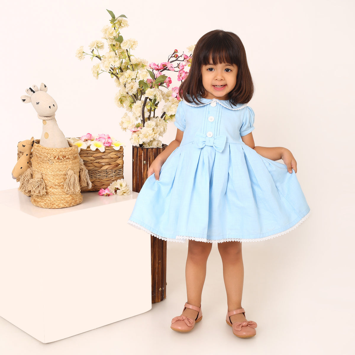 Cotton Linen Powder Blue Box Pleated Dress with Peter Pan Collar and Bow
