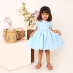Cotton Linen Powder Blue Box Pleated Dress with Peter Pan Collar and Bow