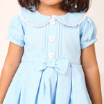 Cotton Linen Powder Blue Box Pleated Dress with Peter Pan Collar and Bow