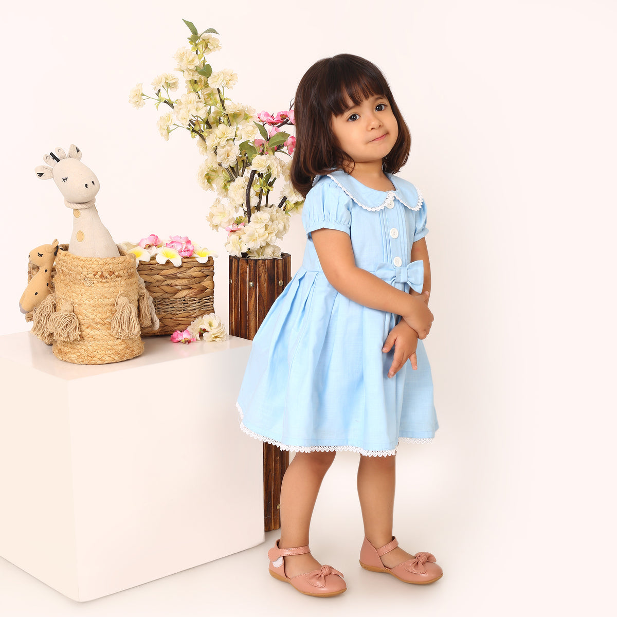 Cotton Linen Powder Blue Box Pleated Dress with Peter Pan Collar and Bow