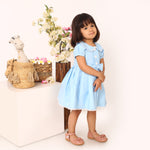 Cotton Linen Powder Blue Box Pleated Dress with Peter Pan Collar and Bow