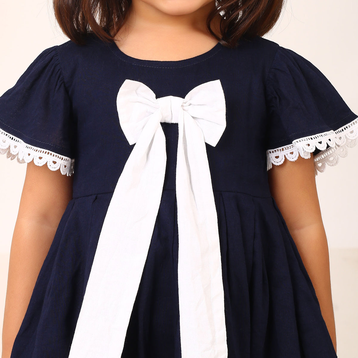 100% Cotton Navy Blue Sailor Dress with White Bow and Flutter Sleeves