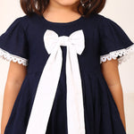 100% Cotton Navy Blue Sailor Dress with White Bow and Flutter Sleeves