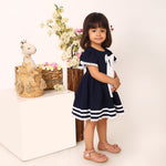 100% Cotton Navy Blue Sailor Dress with White Bow and Flutter Sleeves