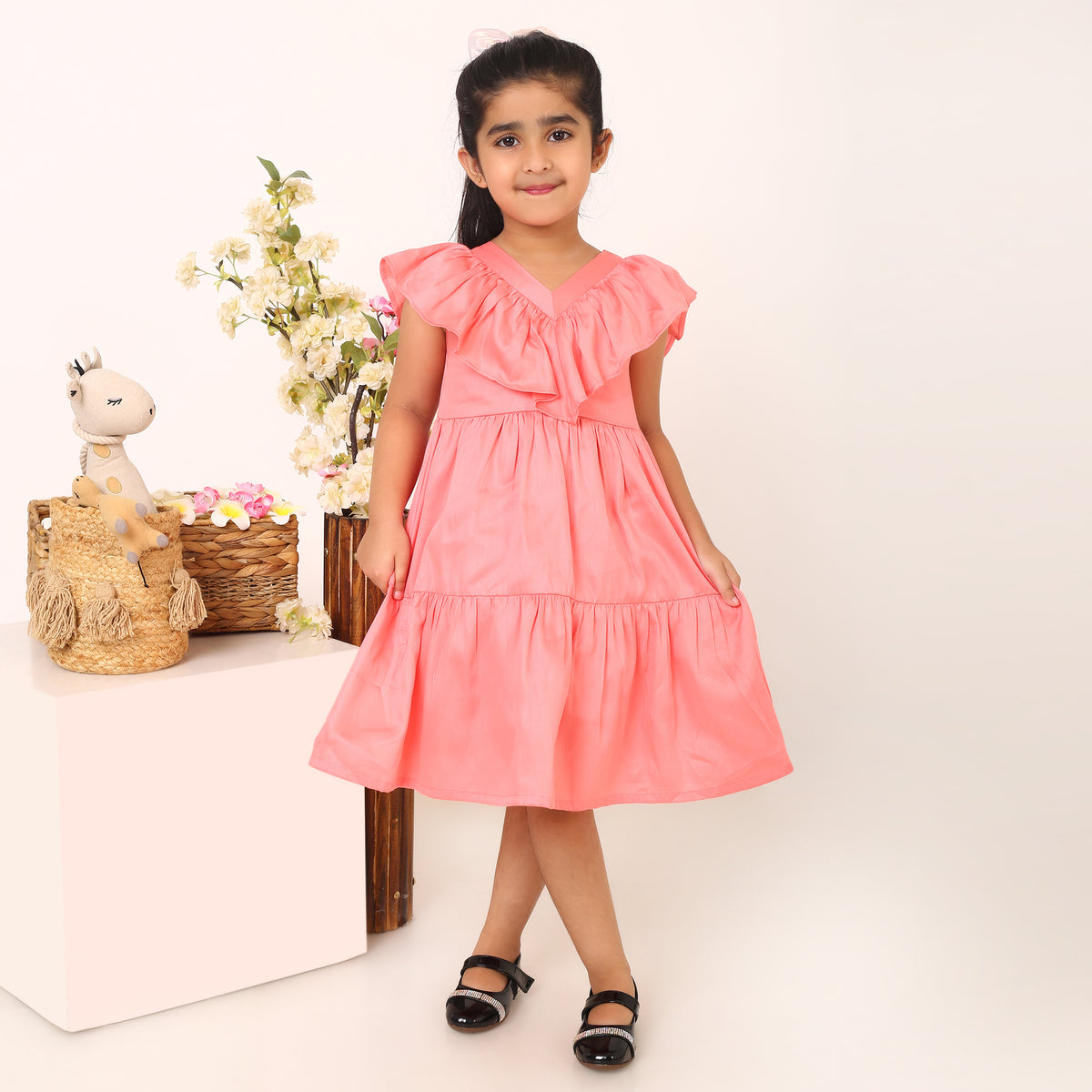 100% Cotton Pink Tier Frill Neck Dress