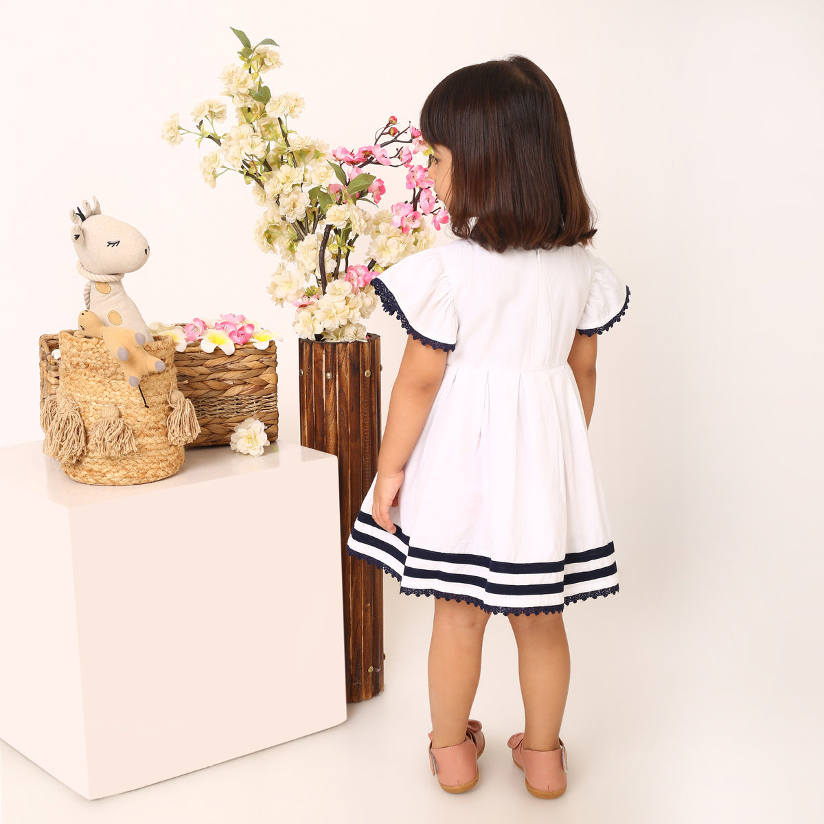 100% Cotton White Sailor Dress with Blue Bow and Flutter Sleeves