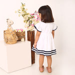 100% Cotton White Sailor Dress with Blue Bow and Flutter Sleeves