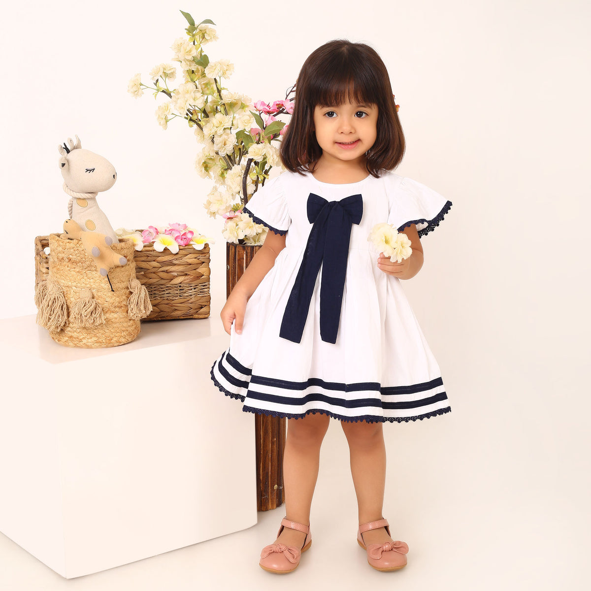 100% Cotton White Sailor Dress with Blue Bow and Flutter Sleeves