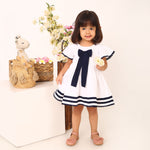 100% Cotton White Sailor Dress with Blue Bow and Flutter Sleeves