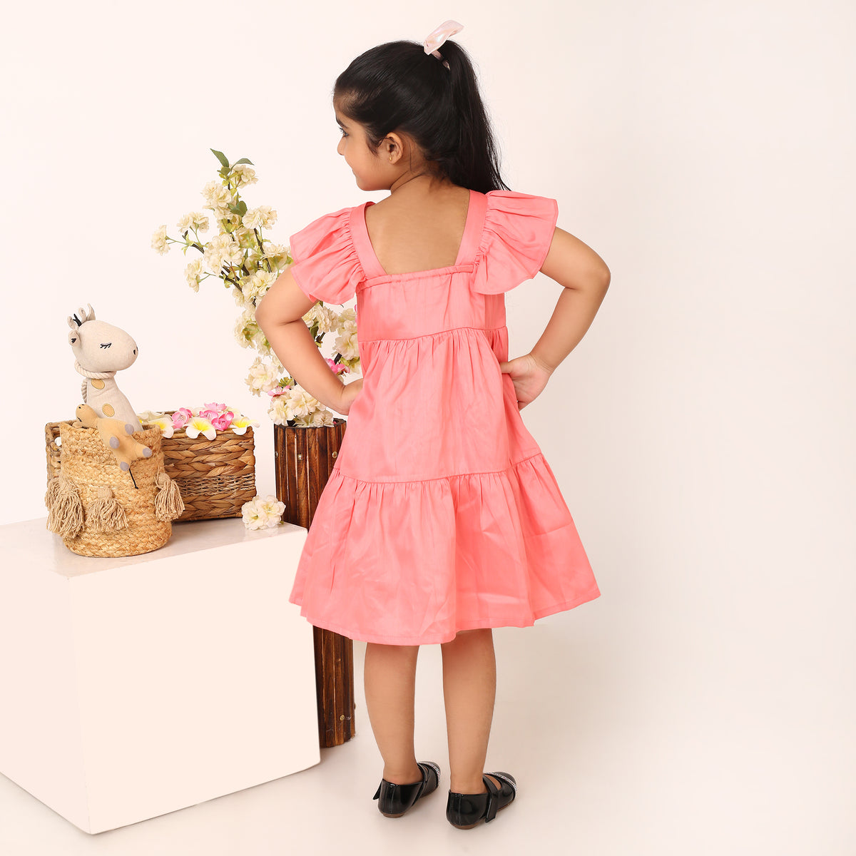 100% Cotton Pink Tier Frill Neck Dress