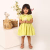 Cotton Linen Neon Green Box Pleated Dress with Peter Pan Collar and Bow