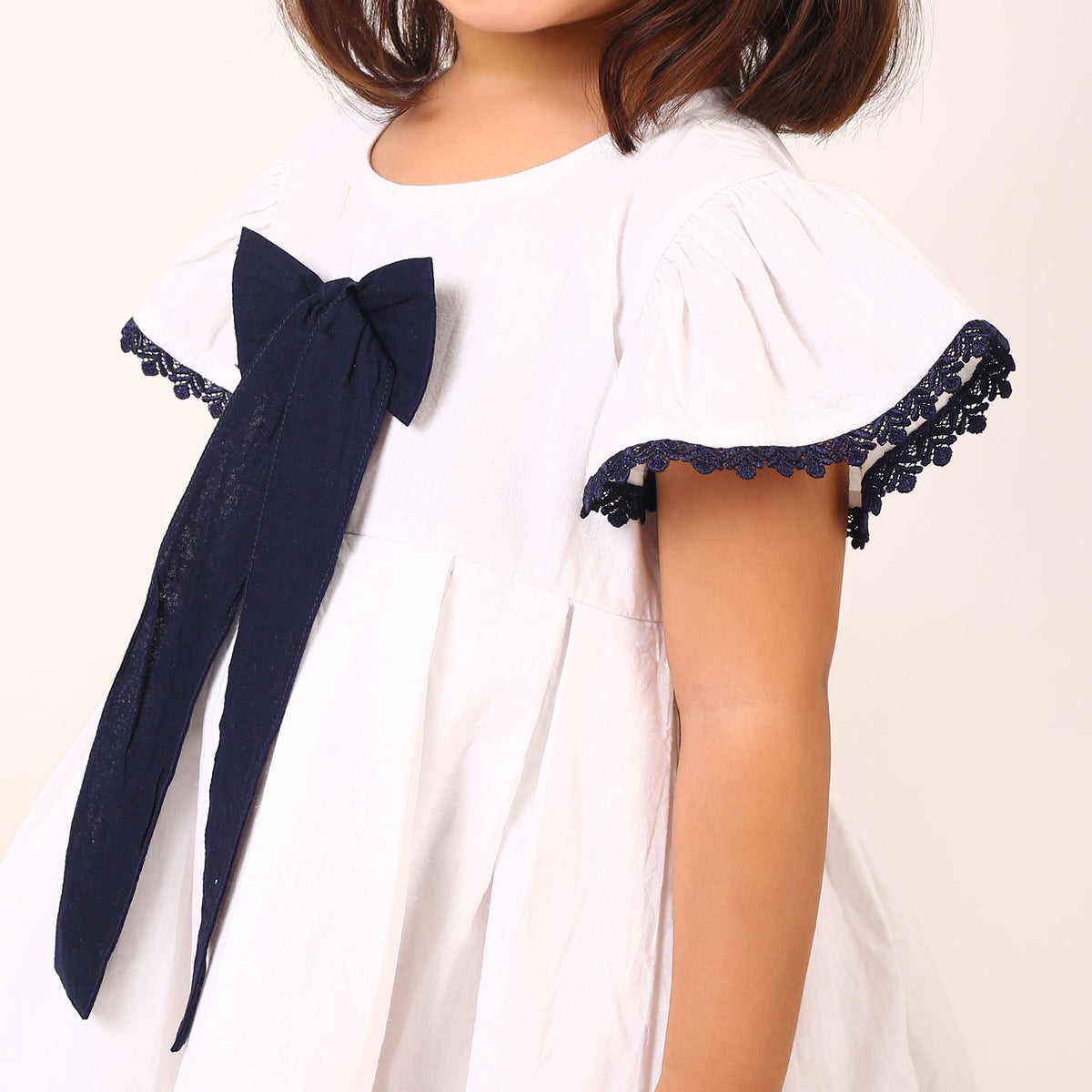 100% Cotton White Sailor Dress with Blue Bow and Flutter Sleeves