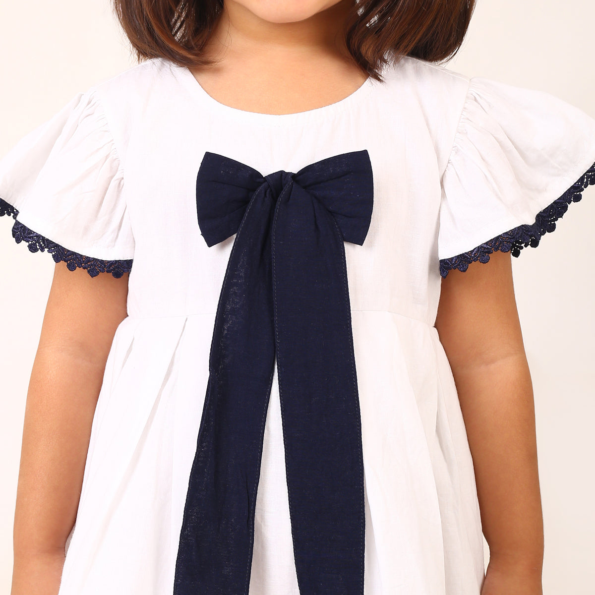 100% Cotton White Sailor Dress with Blue Bow and Flutter Sleeves