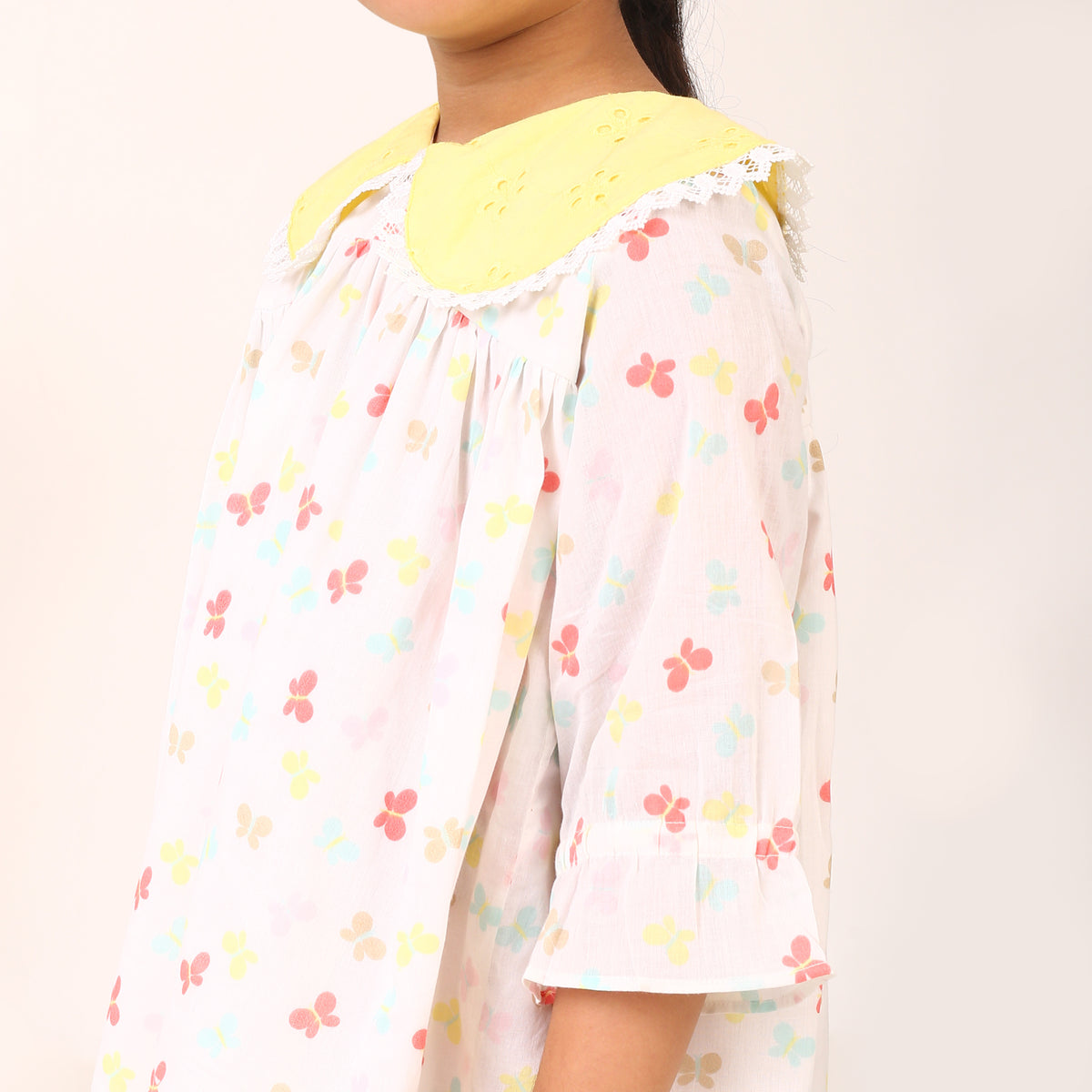 100% Cotton Butterfly Prints White Dress Yellow Peter Pan Collars