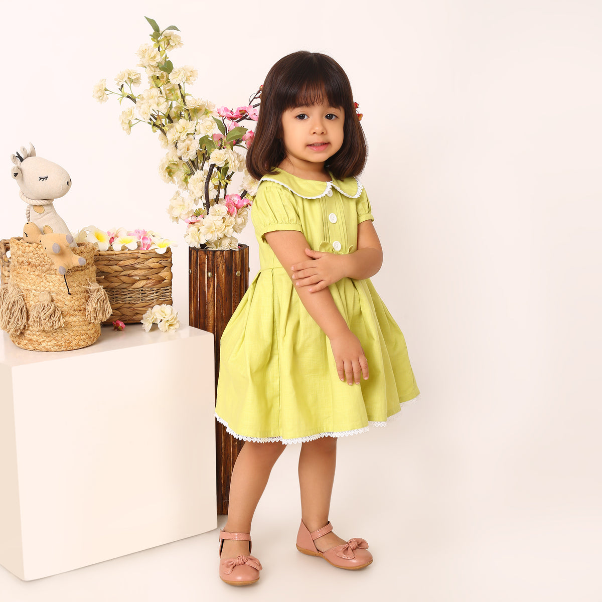 Cotton Linen Neon Green Box Pleated Dress with Peter Pan Collar and Bow