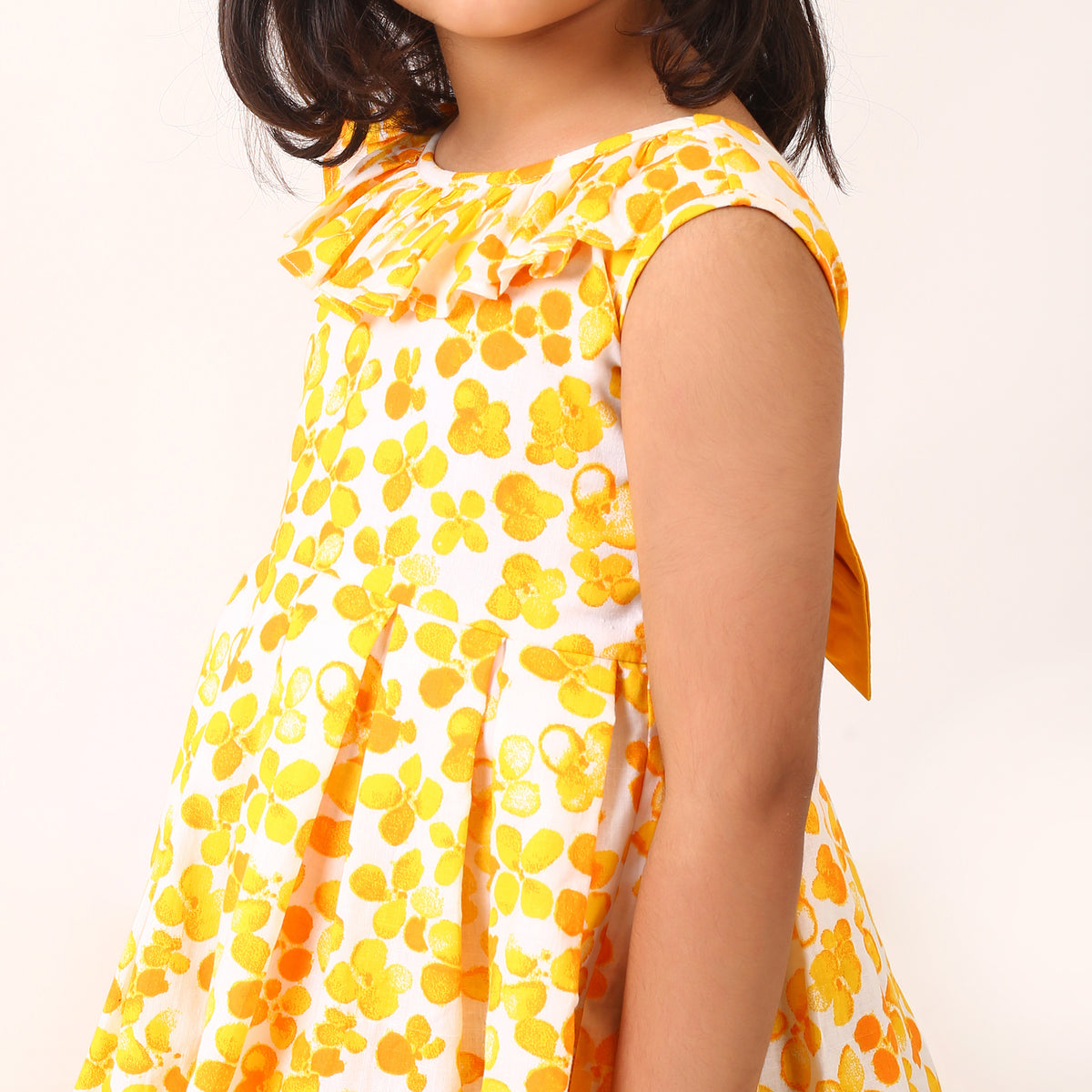 100% Cotton Floral Print Yellow Sleeveless Dress with Bow