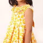 100% Cotton Floral Print Yellow Sleeveless Dress with Bow