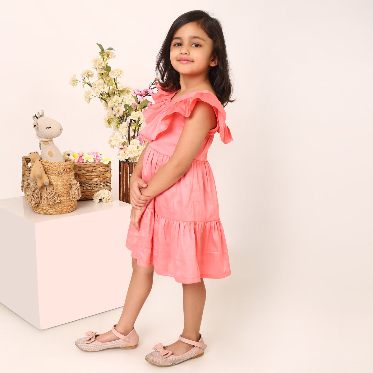100% Cotton Pink Tier Frill Neck Dress