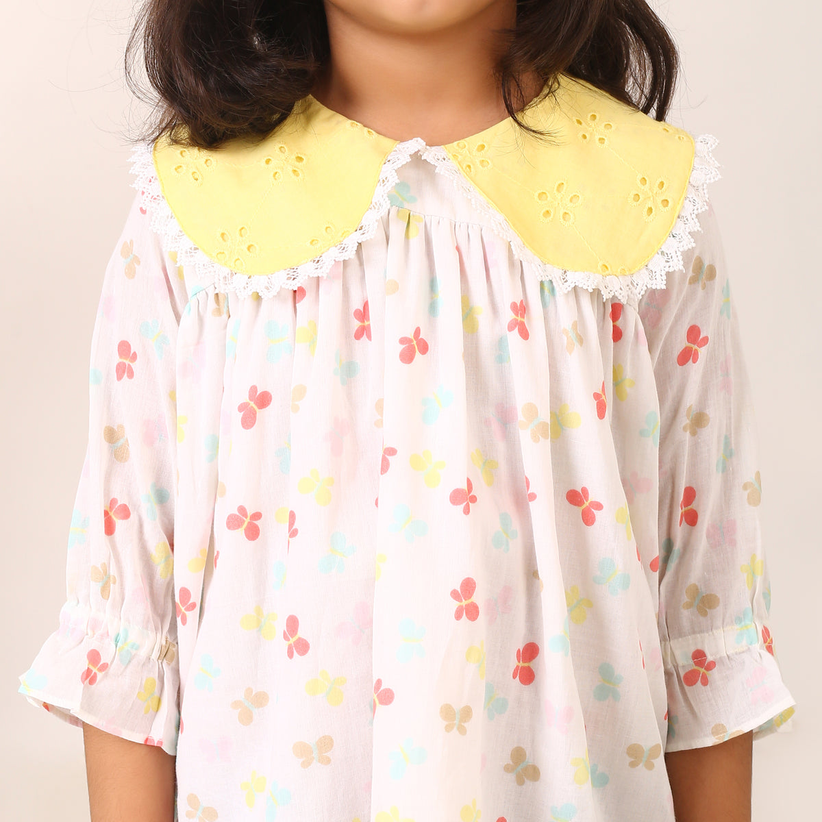 100% Cotton Butterfly Prints White Dress Yellow Peter Pan Collars