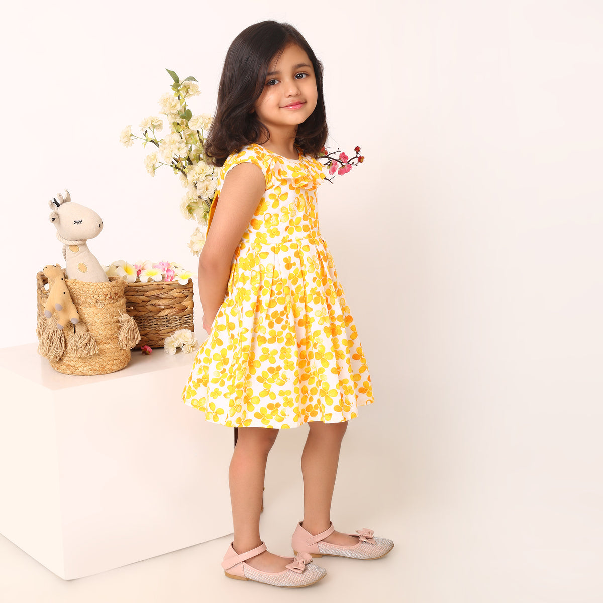 100% Cotton Floral Print Yellow Sleeveless Dress with Bow